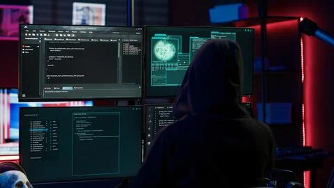 Experienced hacker writing lines of code on computer from underground bunker Stockfoto's