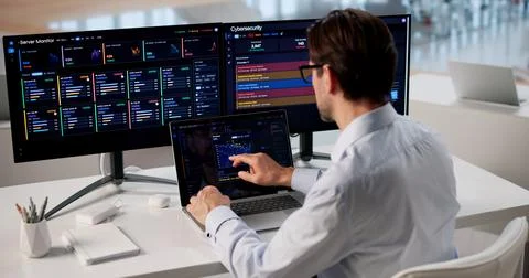 Experienced IT Engineer Monitors Real-time Network Performance Using Multiple 스톡 사진