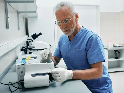 Experienced lab assistant doing urine test on portable urine analyzer at me.. Fotos de archivo