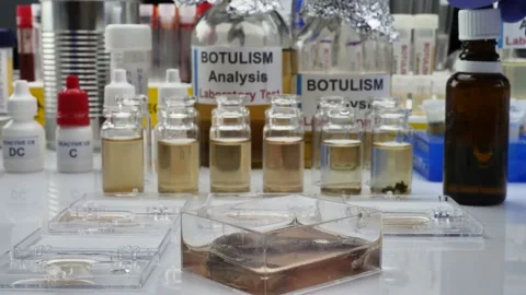 Experienced laboratory scientist analyzing a sample from a canned food can, botu Stock Footage 130274935