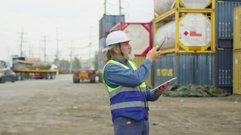 Experienced logistics manager coordinates container shipments using a walkie Stock Footage 346078899