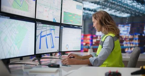 Experienced Logistics Manager Uses Multiple Screens To Plan Efficient Routes. Stock Photos
