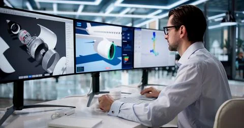 Experienced Man Uses Computer Software To Design Precise Jet Engine Parts. 写真素材
