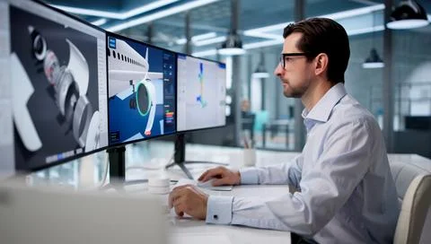 Experienced Man Using CAD Software To Design Jet Engine Parts Precisely. 스톡 사진