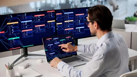 Experienced Man Working On Visual Low Code Programming Using Online Node Edit 스톡 사진
