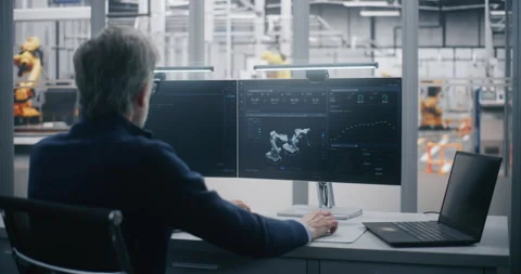 Experienced Manager Performs Remote Maintenance and Diagnosis of Industrial Stock Footage 325428938