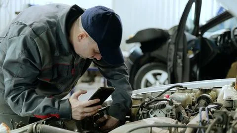 Experienced mechanic in uniform using a mobile phone for diagnostics while Stock Photos