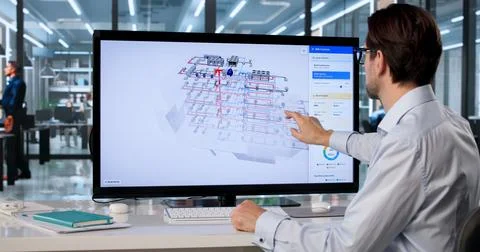 Experienced Mechanical Engineer Inspects 3D HVAC System Model On Wide Touchsc Stock Photos