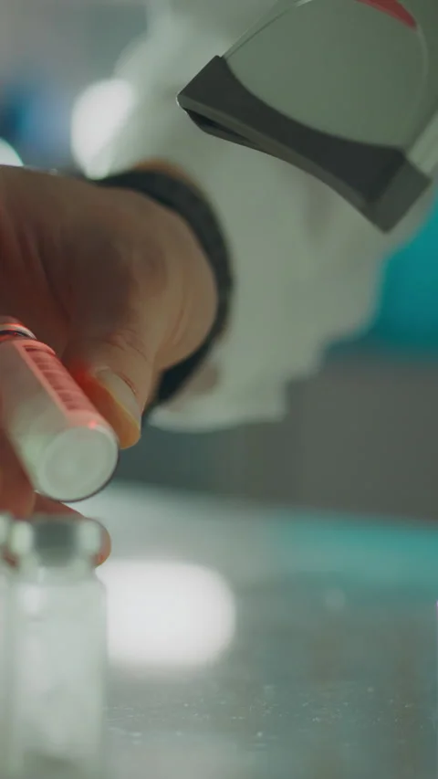 Experienced pharmacist scans medication data to ensure accuracy in drug hand Stock Footage 331573903