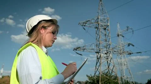 Experienced power engineer inspecting high-voltage electric lines on site Stock Photos