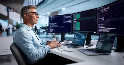 Experienced Software Developer Coding On Laptop Using Secure Cloud IDE. Stock Photos