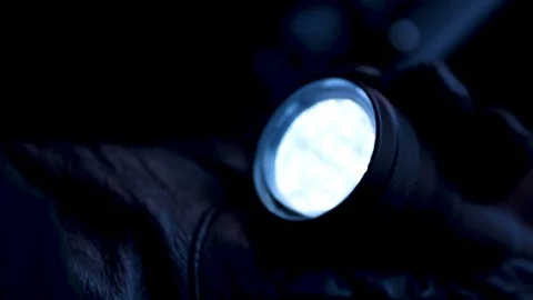 Experienced thief lighting flashlight preparing to crack lock and commit robbery Stock Footage 80961693