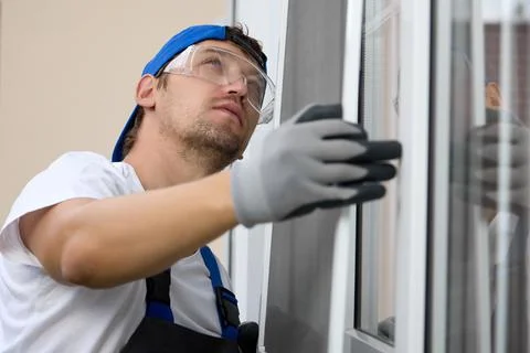 Experienced window installer installing a grid on a plastic window Stock Photos