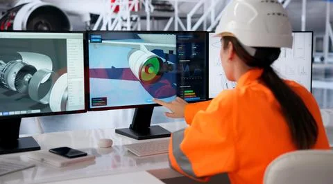 Experienced Woman Engineer Uses Computer Software To Inspect Airplane Parts. Foto stock