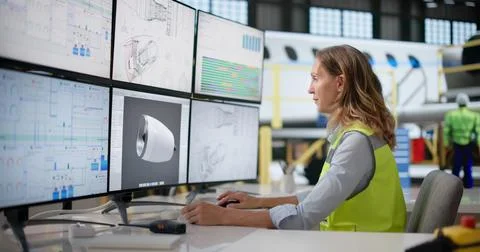 An Experienced Woman Uses Computer Software To Design Airplane Engine Parts. Stock Photos
