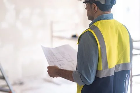 Experienced worker in professional uniform checking condition of wall in room Stock Photos