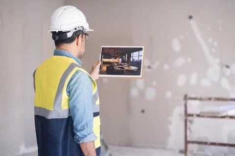 Experienced worker in protective helmet looking at picture of interior in hand Stock Photos