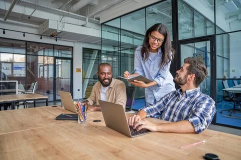 Experienced workers speaking about statement in conference room Stock Illustration