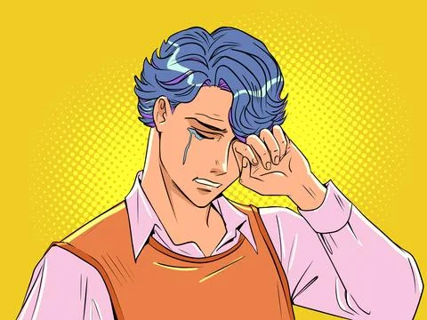 Experiences due to life problems. Men can cry too. Nice young anime guy crying Stock Illustration