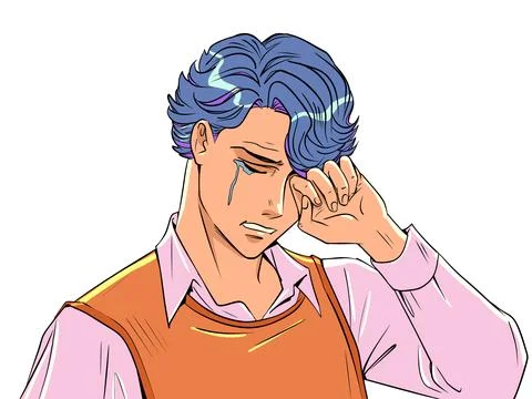 Experiences due to life problems. Men can cry too. Nice young anime guy crying Stock Illustration
