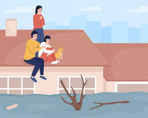 Experiencing heavy rain consequences flat color vector illustration Illustrazione stock