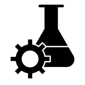 Experiment research solid icon. Lab flask and gear vector illustration isolated Stock Illustration