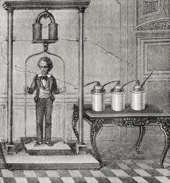 Experiment showing an electromagnet supporting the weight of a boy.  From L'Univ Illustrazione stock
