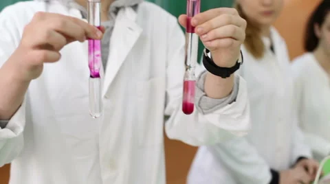 Experiment with test tubes on chemistry class in the laboratory Stock Footage 55300690