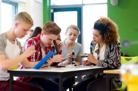 Experimenting with Microscopes in a Science Lesson 스톡 사진