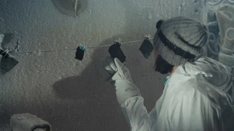 Expert checks frozen containers on cold wall. Careful scientist in protective Stock Footage 346522722