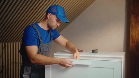 Expert craftsman assembling a modern drawer in a stylish indoor workspace Vídeo Stock 294912724