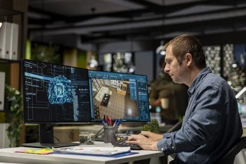 Expert developer using AI neural networks on 3D modeling program Stock Photos