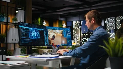 Expert developer using AI neural networks on 3D modeling program Stock Photos