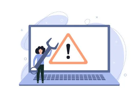 Expert diagnose computer, operating system problem. Big warning sign on screen Stock Illustration