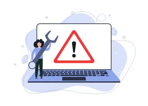 Expert diagnose computer, operating system problem. Big warning sign on screen Stock Illustration