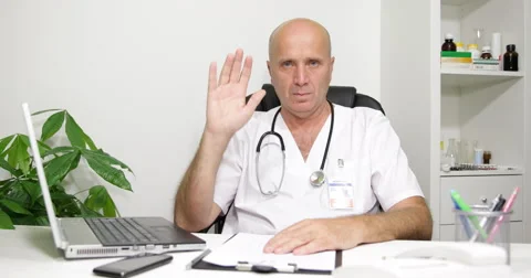 Expert Doctor Greeting Looking Camera Hospital Presentation View Hello Gesture Stock Footage 51859574