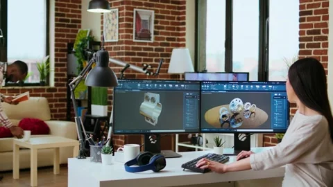 Expert engineer develops industrial prototypes using 3D modeling software Video stock 319712944