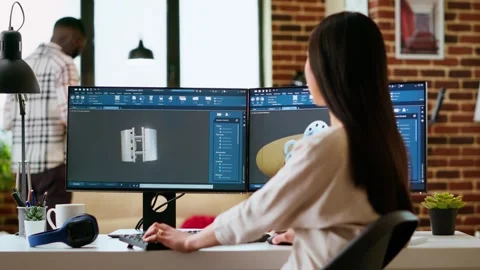 Expert engineer develops industrial prototypes using 3D modeling software Video stock 319723169