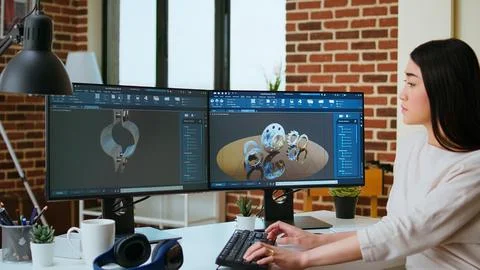 Expert engineer develops industrial prototypes using 3D modeling software Stock Photos