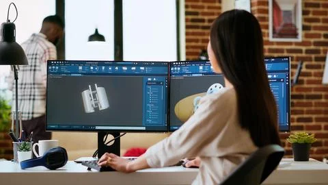 Expert engineer develops industrial prototypes using 3D modeling software Stock Photos