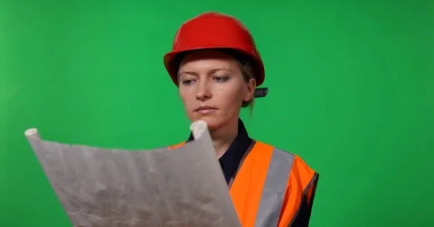 Expert Engineer Woman Examining Draft Map Look Around Analyzing Plan Chromakey Stock Footage 72791913