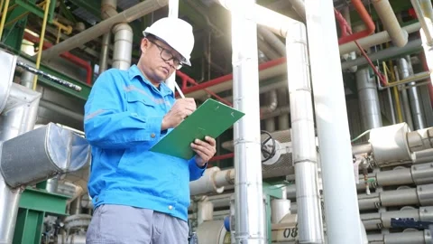 Expert engineer working in a modern petroleum and chemical refinery, Stock Footage 335333384