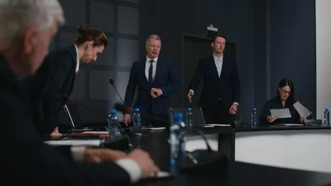 Expert group taking seats and working together at economic debate. Speech of pol Video stock 199482686