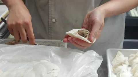 Expert hands shaping a Chinese dumpling with help from a metal spatula Stock Footage 342352352