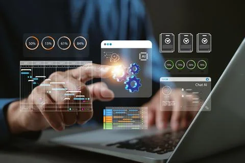 Expert improves ai, automation, system, project, management, dashboard, dig.. Stock Photos