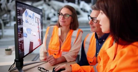 Expert Industrial Engineers Visualize Future Factory Layout With Innovative 3 Stock Photos