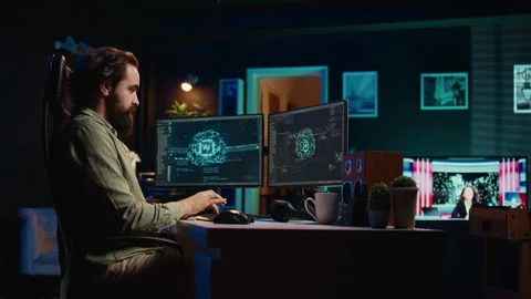 Expert inserts disk into PC containing software evolving AI into sentient being Stock Footage 266952214