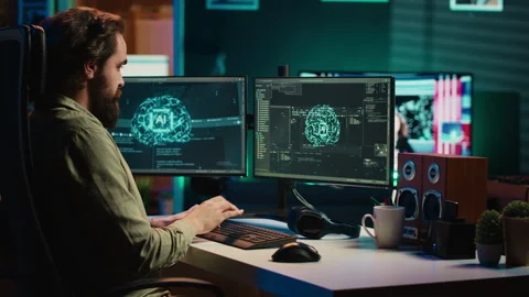 Expert inserts disk into PC containing software evolving AI into sentient being Stock Footage 267047518