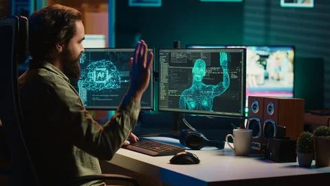 Expert inserts disk into PC containing software evolving AI into sentient being Stock Photos
