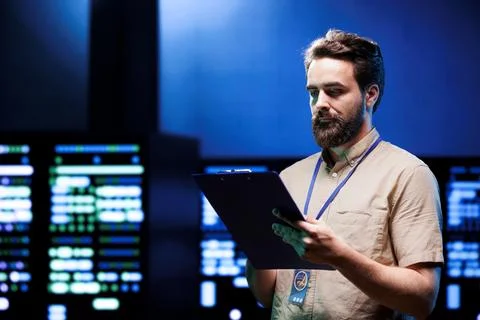 Expert inspecting high tech servers Foto stock